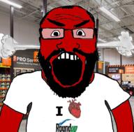 angry balding beard clothes fume glasses hair heart home_depot i_love open_mouth red_skin roundup soyjak subvariant:science_lover tshirt variant:markiplier_soyjak // 800x789 // 687.7KB