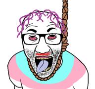 arm bloodshot_eyes clothes flag glasses hanging looking_up open_mouth purple_hair rope soyjak stubble suicide tongue tranny tshirt variant:el_perro_rabioso yellow_teeth // 427x400 // 29.1KB
