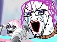 2soyjaks arm bloodshot_eyes clothes crying flag glasses hair hand hanging holding_object large_eyebrows makeup microphone open_mouth pink_hair purple_hair rope singing soyjak stretched_mouth stubble suicide tranny variant:classic_soyjak variant:cryboy_soyjak // 750x556 // 347.9KB