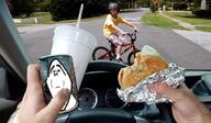 bicycle bicycle_helmet blackberry bottle car child closed_mouth driving eating hair hamburger hand helmet holding_object holding_phone imminent_death impossible_whopper irl mirror mustache phone pov road soy soyjak soylent speedometer variant:ishish_soyak_ears // 1078x631 // 901.6KB