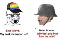 angry bloodshot_eyes clothes crying gay glasses hat lgbt nordic_chad open_mouth soldier soyjak stubble text variant:soyak // 978x678 // 58.2KB