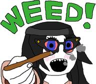 beanie bloodshot_eyes blue_eyes drugs female hair holding_object marijuana meme nigger_weed open_mouth pointing pointing_at_viewer quieres smoke text variant:soytan // 436x382 // 12.2KB