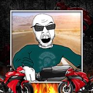 angry arm biker clothes desert fire glasses hand irl_background motorcycle mustache open_mouth road soyjak stubble sun sunglasses text variant:feraljak // 1200x1200 // 334.1KB