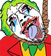 bloodshot_eyes clothes clown crying glasses green_hair hair hanging joker mustache necktie open_mouth rope soyjak stubble suicide suit tongue tv_(4chan) variant:gapejak_front // 661x719 // 586.0KB