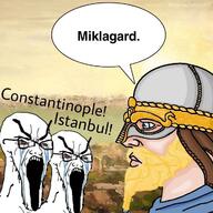angry background bald beard blond blue_eyes constantinople crying empire eyebrows helmet history large_mouth medieval middle_ages nordic_chad open_mouth painting rome stubble text variant:soyak viking // 720x720 // 103.6KB