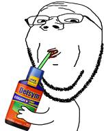 arm cough_medicine delsym drinking drinking_straw drugs dxm glasses guaifenesin hand holding_object smile soyjak stubble subvariant:wholesome_soyjak variant:gapejak // 637x772 // 226.0KB