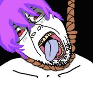 black_background bloodshot_eyes breakcore glasses hair hanging mu_(4chan) music open_mouth purple_hair rope sewerslvt stubble suicide tongue tranny variant:gapejak_front // 768x719 // 65.3KB
