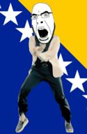 angry animated bosnia country dance flag flag:bosnia_and_herzegovina full_body gangnam_style glasses irl open_mouth soyjak star stubble variant:cobson // 300x460 // 500.9KB