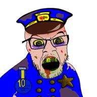 acne angry badge blood cap clothes crazed dirty_clothes glasses hat mucus mustache oldfag open_mouth police police_hat soyjak stubble text utubetrollspolice variant:feraljak white_skin yellow_eyes yellow_teeth // 1500x1500 // 345.4KB