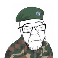 bosnia camouflage closed_eyes closed_mouth clothes glasses hat military military_beret military_uniform soyjak stubble variant:feraljak // 1000x1000 // 260.5KB