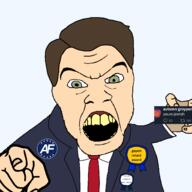 america_first angry arm award brown_hair clothes gay green_eyes hand holding_object judaism necktie nick_fuentes open_mouth retard shaved soyjak suit variant:feraljak white_skin yellow_teeth // 1500x1500 // 143.7KB