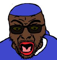 angry black_skin blue_shirt clothes crips_(gang) durag glasses hat looking_down mustache open_mouth soyjak stubble sunglasses variant:rupturejak yellow_sclera // 418x433 // 11.7KB