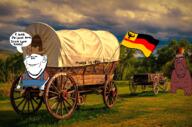 1850 2soyjaks biting_lip cowboy_hat feather flag:germany germanic germany iowa native_american redskin variant:cobson variant:impish_soyak_ears wagon // 900x597 // 1.1MB