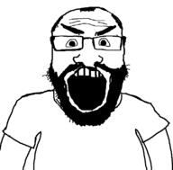 angry arm balding beard clothes glasses hair open_mouth soyjak template tshirt variant:science_lover // 800x789 // 13.9KB