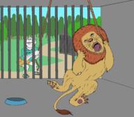 2soyjaks animal animal_abuse cage clothes drawn_background full_body lion open_mouth redraw rope soyjak stubble tongue variant:gapejak variant:impish_soyak_ears zoo // 1748x1527 // 114.4KB