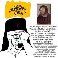 byzantine christianity clothes cross crying flag glasses hand hat jesus open_mouth orthodox_church painting reddit soyjak stubble text variant:soyak // 1280x1280 // 199.1KB