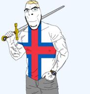 1948 aryan blue_eyes buff clothes faroe_islands faroese_coat_of_arms flag flag:faroe_islands hair holding_object holding_sword nordic smile stubble sword variant:cobson watch wristwatch yellow_hair // 1834x1910 // 98.9KB