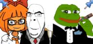 2soyjaks beer blue_eyes clothes ext=gif friendship frog glass glasses green_skin hand happy holding_object looking_at_you mymy necktie ongezellig orange_skin pepe smile smoking soyjak sticky stubble suit tuxedo variant:cobson variant:feraljak // 700x334 // 1.9MB