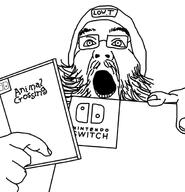 animal_crossing beard clothes glasses hand hat holding_object nintendo nintendo_switch open_mouth soyjak variant:unknown video_game // 588x609 // 119.2KB