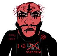 angry atheism balding beard closed_mouth clothes edgy facial_mark forehead_mark glasses goth hair i_love pentagram punisher_face satanism soyjak subvariant:science_lover text upside-down_cross variant:markiplier_soyjak // 680x671 // 85.2KB