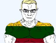 blue_eyes clothes flag flag:lithuania glasses lithuania lithuanian open_mouth smile subvariant:muscular_chud tshirt variant:chudjak yellow_hair // 562x433 // 190.7KB