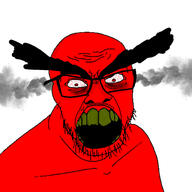 angry bloodshot_eyes disgusting fume glasses open_mouth rage red red_eyes red_skin smoke soyjak stubble variant:feraljak yellow_teeth // 1500x1500 // 494.4KB