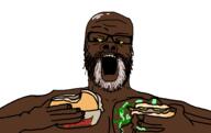 arm beard black_skin burger_king daym_drops eating food glasses grey_hair hamburger hand holding_object impossible_whopper looking_down mustache open_mouth seared_bite soyjak stubble variant:a24_slowburn_soyjak yellow_eyes youtube // 540x340 // 26.1KB