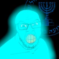 angry black_background blue_eyes blue_skin candle clenched_teeth closed_mouth glasses glowie glowing hebrew_text logo looking_at_you mossad mustache soyjak stubble teeth text variant:feraljak yellow_teeth // 1000x1000 // 202.1KB