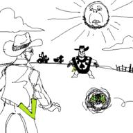 4soyjaks angry arm arrow cactus closed_mouth clothes cloud cowboy drawn_background duel ear eyebrows fence frown full_body glasses glowing_eyes greentext hand hat oekaki open_mouth soyjak spade stubble sun thougher tumbleweed variant:feraljak variant:impish_soyak_ears variant:markiplier_soyjak variant:soyak wild_west // 400x400 // 17.8KB