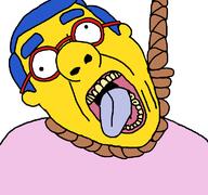 cartoon glasses hanging milhouse_(the_simpsons) open_mouth rope soyjak suicide the_simpsons tongue variant:bernd // 768x719 // 28.9KB