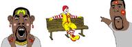 3soyjaks beard bench black_skin blush clothes clown earring full_body hair kanye_west mcdonalds necklace nose_piercing open_mouth painted_nails pointing queen_of_spades red_hair ronald_mcdonald sitting soyjak subvariant:cobson_front tshirt variant:cobson variant:two_pointing_soyjaks // 1225x439 // 74.7KB