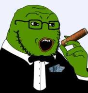 animal arm bowtie cigar clothes frog glasses green_skin hand handkerchief holding_object open_mouth pepe soyjak stubble tuxedo variant:soyak // 237x250 // 77.9KB
