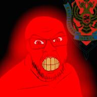 angry clenched_teeth cyrillic_text fsb glasses glowie glowing looking_at_you mustache red_eyes red_skin russia soyjak stubble variant:feraljak yellow_teeth // 1000x1000 // 309.8KB