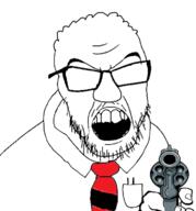 angry clothes dilbert glasses gun hair holding_object necktie no_eyes open_mouth revolver soyjak stubble variant:feraljak // 692x742 // 147.4KB