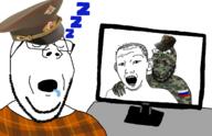 blanket camouflage closed_eyes clothes comfy computer drool flag glasses green_skin hand hat kuz military military_cap mustache open_mouth rape russia sleeping smile soyjak star stubble subvariant:wholesome_soyjak text variant:gapejak variant:kuzjak // 1500x971 // 543.9KB