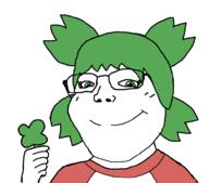 4chan anime clothes clover female girl glasses green_eyes green_hair hair hand holding_object subvariant:soylita tshirt variant:gapejak yotsoyba // 976x861 // 65.8KB