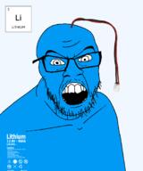 angry battery blue_skin cable chemistry element glasses lithium open_mouth soyjak stubble text variant:feraljak // 1500x1800 // 120.5KB
