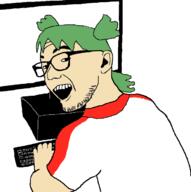 4chan anime clothes computer glasses green_hair hair open_mouth smile soyjak stubble variant:zoomer_on_computer yotsoyba // 696x701 // 27.1KB