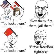 2soyjaks angry canada china closed_mouth clothes flag flag:canada flag:china flag:united_states glasses hat holding_flag holding_object open_mouth soyjak stubble text united_states variant:feraljak variant:soyak wojak // 720x717 // 52.0KB