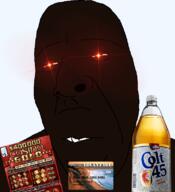 beer black_skin bottle closed_mouth colt_45 credit_card glowing glowing_eyes lens_flare lottery soyjak variant:cobson // 721x789 // 420.1KB