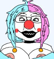breasts clothes clown clown_nose colorful_hair giggly_goon_clown glasses hair heterochromia lipstick makeup mascara nipple nose_piercing nsfw piercing red_nose redraw sharp_teeth smile soyjak tranny variant:bernd // 1200x1310 // 103.0KB