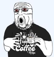 arm bloodshot_eyes clothes coffee cup glasses hand holding_object open_mouth soyjak stubble text tired tshirt variant:norwegian wrinkles // 723x770 // 83.2KB