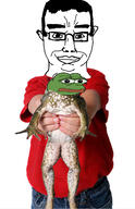arm closed_mouth frog glasses hair hand happy head holding_object jeans neck nose pepe red_shirt smile subvariant:chudjak_front variant:chudjak // 1396x2160 // 391.3KB