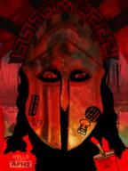 Ares cup dark_hair drinking_straw god greek_mythology helmet irl_background long_hair red_eyes soyjak sticker text war // 600x800 // 519.2KB