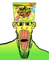 candy clothes ear food glasses green hat oh_my_god_she_is_so_attractive open_mouth sour sour_patch_kids soyjak stretched_mouth stubble variant:markiplier_soyjak yellow // 900x1100 // 502.0KB