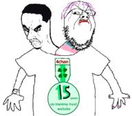 2soyjaks 4chan angry arm badge closed_mouth clothes flag frown get_along_shirt glasses hair hand mustache purple_hair soyjak stubble subvariant:chudjak_seething tranny tshirt variant:chudjak variant:gapejak watch // 1180x1032 // 333.8KB