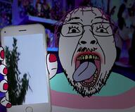 animated gif_(4chan) glasses holding_object open_mouth painted_nails purple_hair skyking sound soyjak soyjak_holding_phone stubble tanny tongue trаnnу variant:bernd video yellow_teeth // 608x504, 46.9s // 3.9MB