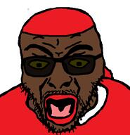 angry black_skin bloods_(gang) clothes durag glasses hat looking_down mustache open_mouth red_shirt soyjak stubble sunglasses variant:rupturejak yellow_sclera // 418x433 // 11.5KB