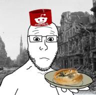 armband bread closed_mouth frown glasses holding_object holding_plate mold plate poland reddit snoo soyjak stubble variant:platejak warsaw world_war_2 // 1366x1350 // 1.5MB