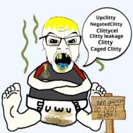 angry baby badges clitty crossed_arms diaper foot full_body glasses missing_teeth nate open_mouth pacifier sharts_on_your_post sign soybooru soyjak spammer speech_bubble stinky stubble text uwu variant:feraljak white_skin yellow_hair yellow_teeth // 1630x1630 // 1.2MB